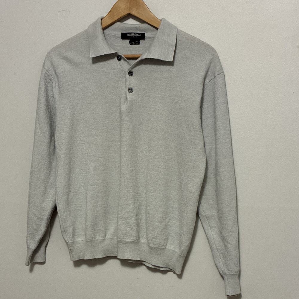Murano Mens Light Grey Long Sleeve Knit Polo Sweater Pullover Wool